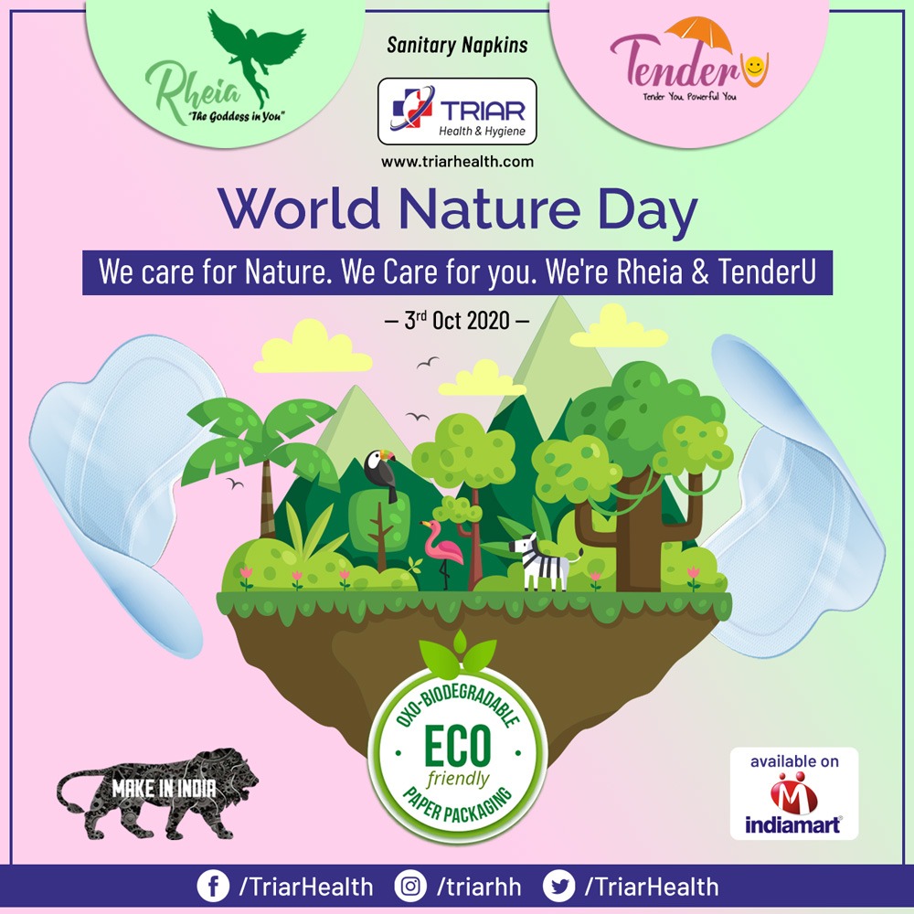 TriarHealth's tweet photo. We care for #Nature. We Care for you. We're #Rheia & #TenderU
Made with #ecofriendly & Oxo-biodegradable material and available in paper packaging only!
#worldnatureday #natureday #nature #environmentallyfriendly #Triar #TriarHealth #TriarHealthHygiene #Sanitary #SanitaryNapkin https://t.co/W23gla7U92