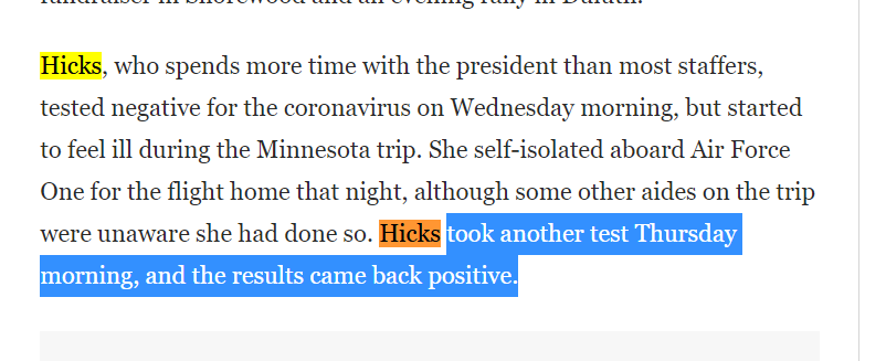 Now, on Wednesday,  #HopeHicks tested negative as she flew with Trump on AF1. But that night, she felt lousy. And on *THE NEXT MORNING*, she tested *POSITIVE*How is that possible?Oh...the virus has to rise to a detectable level - but you could be contagious before that.Hmmm