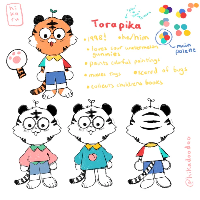 finally made myself a tiger mascot! His name is torapika, he wears glasses, and he like fruit gummie 