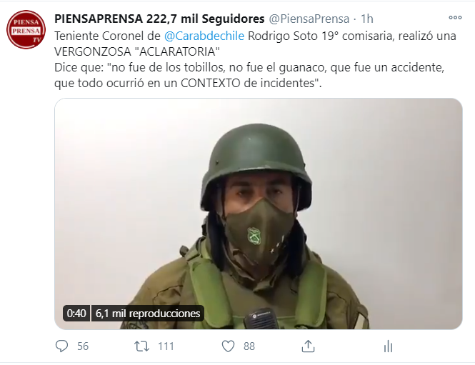 PiensaPrensa's tweet photo. El Teniente coronel Rodrigo Soto -quien sale ACLARANDO, en un video institucional- , es hijo de Gamaliel Soto Segura, violador de los DDHH, condenado a 10 años 1 día por del delito de secuestro calificado perpetrado en la comuna de Cunco, el 26 de septiembre de 1973 https://t.co/wVjReAwBob