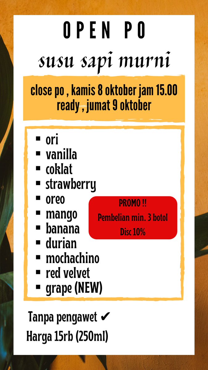 Aku lagi open po susu murni nih guys. Yuk di order mumpung ada promo beli 3 disc 10%.
Kalau takut ongkir mahal , nggak usah khawatir krn ongkir all sby cuma 10rb loh 😊😊