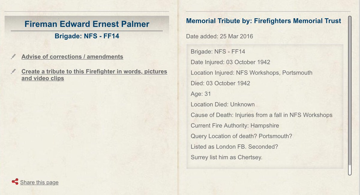 Can anyone find out details of Fireman Edward Ernest Palmer RIP 3.10.1942. Was he London, Surrey, Hampshire? theonlinebookcompany.com/OnlineBooks/Fi…