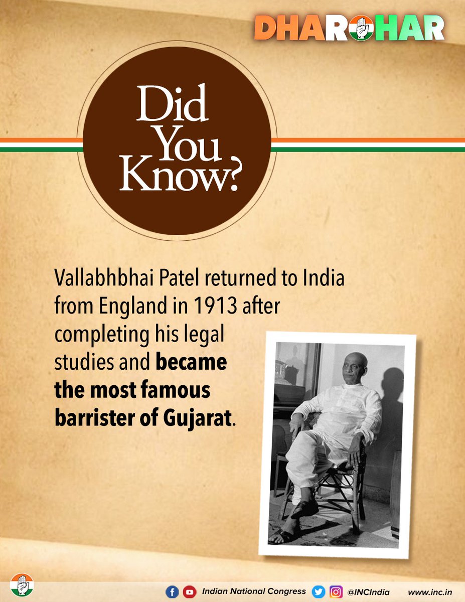 INCIndia's tweet photo. Vallabhai Patel had an extremely successful legal career but he gave all that up in order to dedicate his life to the upliftment &amp; freedom of the Indian people. 

#DeshKiDharohar https://t.co/CfoebZVkTQ