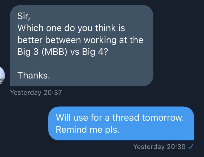 Career Advice: MBB vs Big 4 (thread) Sequel to my post of yesterday on Big 4 vs CBN vs FIRS, someone slid into inbox to ask for similar exercise for Management Consulting Big 3 (McKinsey, Bain, BCG aka MBB) and Professional Services Big 4 (KPMG, PwC, EY, Deloitte). Here we go