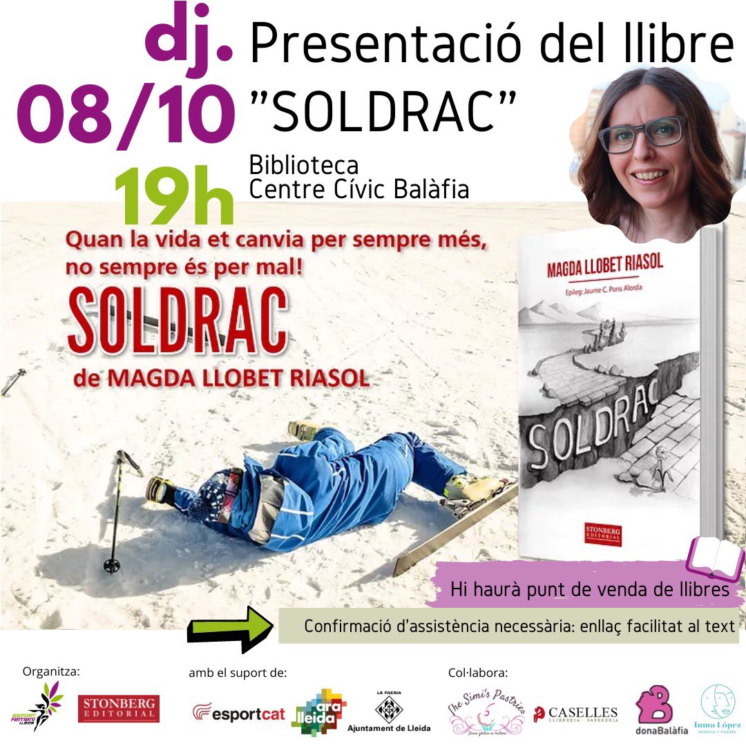 FemeniEsport's tweet photo. 🍪🍰🧁🤭Visitem The Simi’s Pastries
Ultimant detalls de la presentació de Soldrac de la lleidatana @Magda_Llobet 

����Dj, 8/10. 19h. Centre Cívic Balàfia

⚠️Per prevenció només hi ha plaça per 30 pers. Obligatòria inscripció: https://t.co/0swQNwyG7G

#EsportFemeniLleida 💜💚 https://t.co/zl7IsyKEtr
