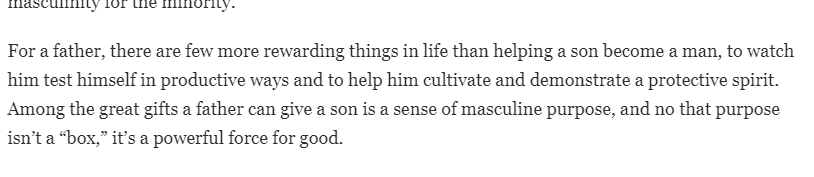 Yet one more thing really annoyed me (as if I needed more) about certain Never Trumper vagaries. Here's David French a few years back on manhood: https://www.nationalreview.com/2017/01/masculinity-male-vulnerability-isnt-virtue/