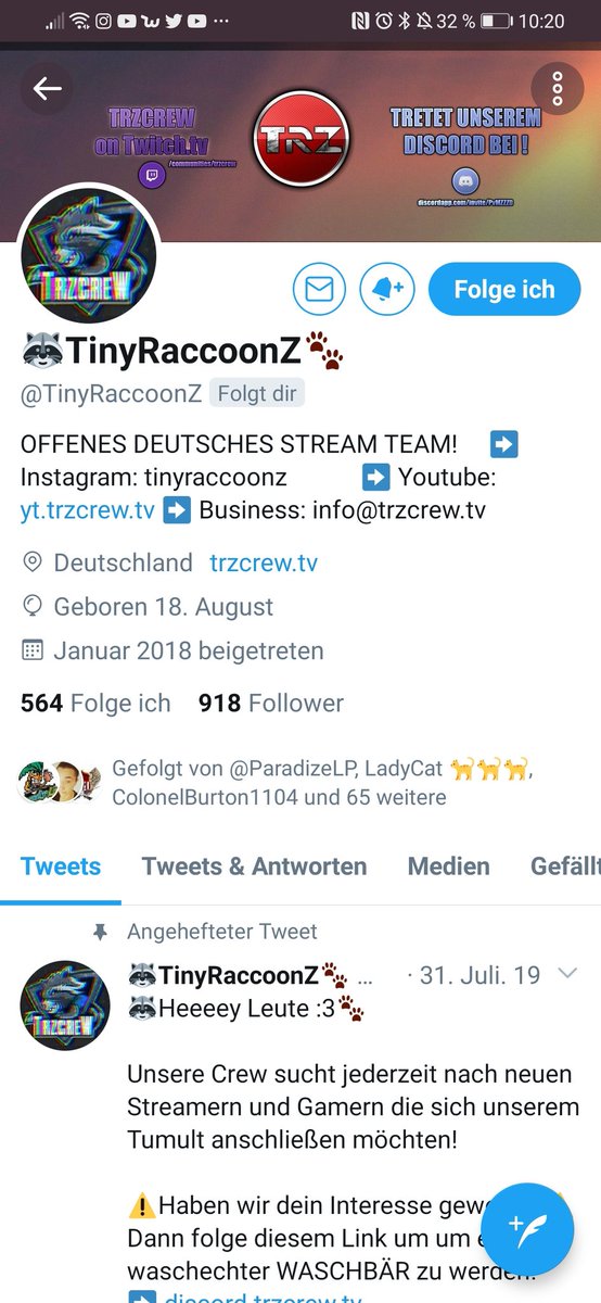 Sehr liebevolle und Hilfsbereite Streamer Crew. Schaut doch gerne mal vorbei ob Anfänger oder Erfahrener Streamer. Hier gibt es immer was zu lachen oder jemand der mitspieler sucht oder Freundschaften geschlossen werden. discord.gg/kAP9pY
@PushTwitch <a href="/TinyRaccoonZ/">🦝TinyRaccoonZ🐾</a> <a href="/Streamer/">Streamer</a>