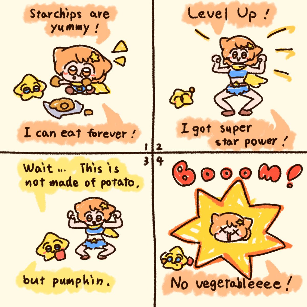 Starchips girl is not good at vegetable!

My OC's cartoon! 