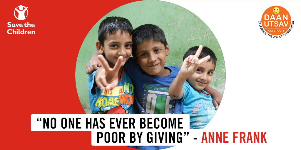Nothing surpasses the happiness gained by GIVING for the cause of others. In this year of #COVID19, GIVING is needed more than ever before. This #DaanUtsav, make a contribution to bring relief for children impacted by the pandemic and feel the #JoyOfGiving bit.ly/35ZXpzH