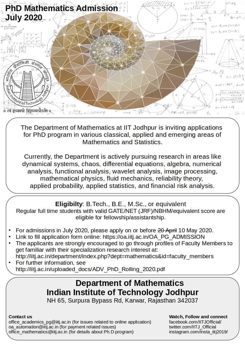 iitj_maths's tweet image. Department of Mathematics, IIT Jodhpur welcomes motivated students to apply for the Ph.D. program. Apply online on or before 20th October for October 2020 admission at oa.iitj.ac.in/OA_PG_ADMISSION #PhD #PhD_Admission #Jodhpur #IITJ #IIT_Jodhpur #Mathematics #PG_Studies
