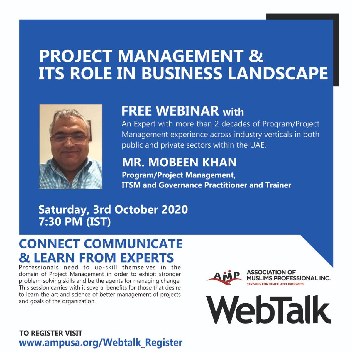 AMP Webtalk on Project Management by Mr. Mobeen Khan - [Program/Project Management, ITSM and Governance Practitioner and Trainer], UAE.

WHEN: Saturday, 3rd Oct 2020 - [TODAY]
TIME: 7:30 PM (IST)

Register here: [zoom.us/webinar/regist…]

#Webinar #ProjectManagement #Leadership
