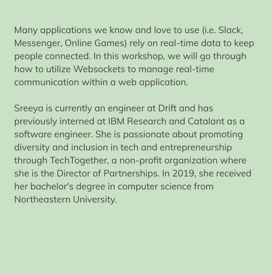 IvyHacks (@ivyhackathon) on Twitter photo 🌐 Interested in how Slack & Messenger rely on real-time data to keep people connected? Join us at <a href="/sreeyasai/">Sreeya Sai</a>'s workshop on Real-Time Communication Using Websockets at 1pm ET! 🌐 Interested in how Slack & Messenger rely on real-time data to keep people connected? Join us at <a href="/sreeyasai/">Sreeya Sai</a>'s workshop on Real-Time Communication Using Websockets at 1pm ET!