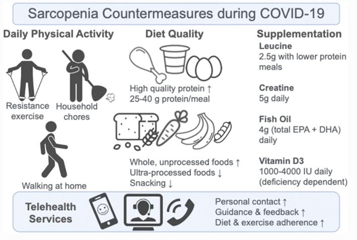 This one offers a number of strategies including resistance exercise, higher protein intakes and supplementation, to help counteract sarcopenia and non-communicable diseases due to COVID-19 measures.