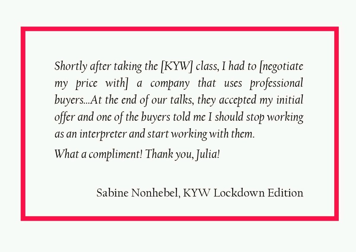 Julia_Poger's tweet photo. Would you like to feel confident when negotiating with clients?

What do you do when they keep asking for discounts!

#KnowYourWorth:  Understanding #Marketing and #Negotiating for #Interpreters:

Oct 10-11, 10am Paris time

Oct 24-25, 10am NY time

https://t.co/WHBGIQBASX https://t.co/IEe1azbK1L