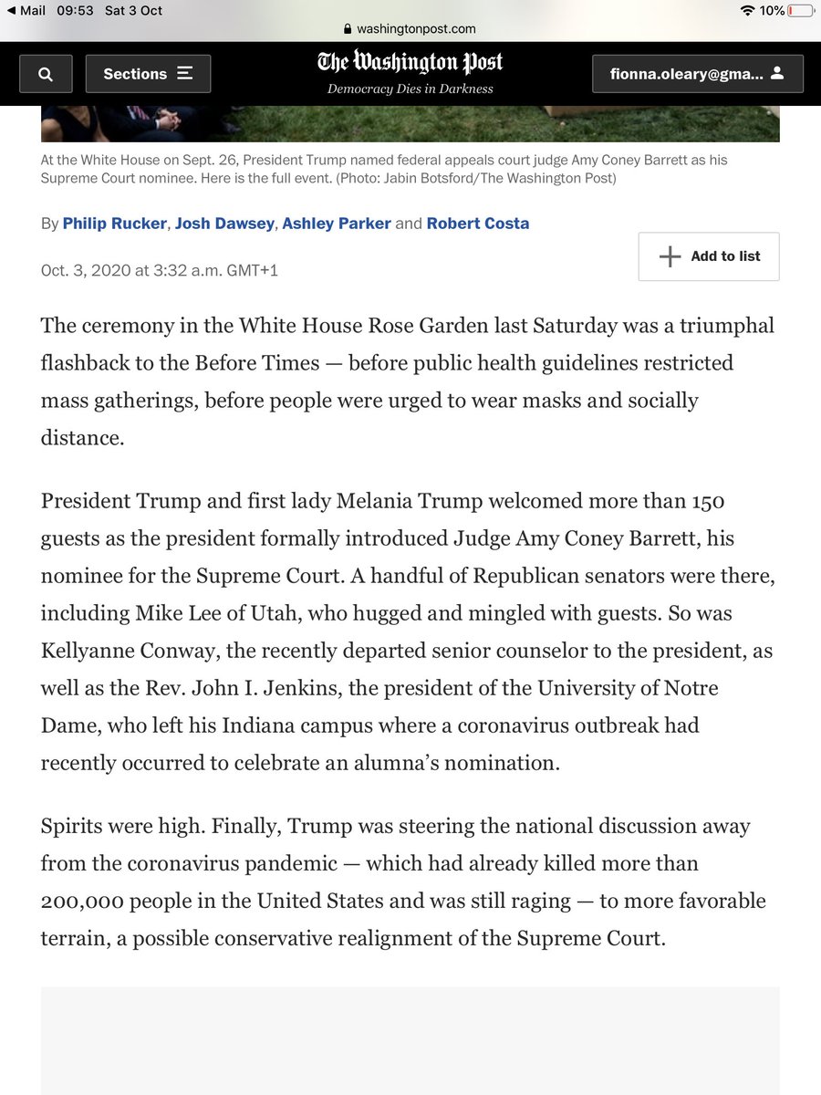 Melania and Donald Trump welcomes 150 guests to that Rose Garden event to introduce Judge Amy Coney Barrett, Trump’s Supreme Court nominee.They arrived wearing masks & given a rapid test (I think the WH uses Abbott tests) and, on being given a negative result, removed masks.