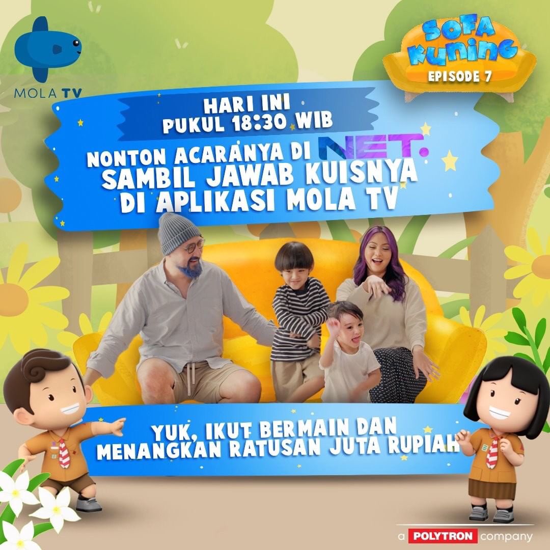 VMC_Ent's tweet photo. SOFA KUNING TAYANG HARI INI!
Jangan lupa tonton dan ikuti kuis interaktif SOFA KUNING Episode 7 bareng Om Aqi, Tante Audrey, Rhuka dan Gaia, pukul 18.30 WIB di @netmediatama.
Jawab pertanyan kuisnya di aplikasi Mola TV ya!
#molatvsofakuning
#sofakuning
#molatvkids https://t.co/LXso0FifKW
