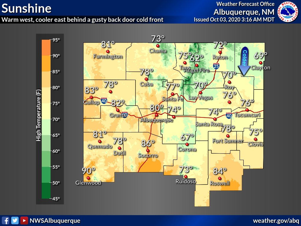 Another cold front will slide down the eastern plains of NM this morning. Cooler temps and breezy to windy conditions are expected behind the front. As the front pushes westward this aftn, expect breezy conditions in the Rio Grande Valley as well. #nmwx