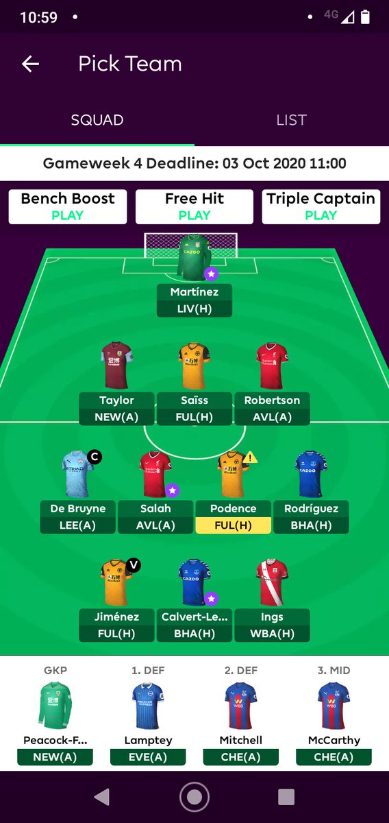 Like most people I had a shocker of a GW3. 39 points on the back of a wildcard is a bit disheartening but I am happy with my choices and this is a new game week! So here is my GW4 team!