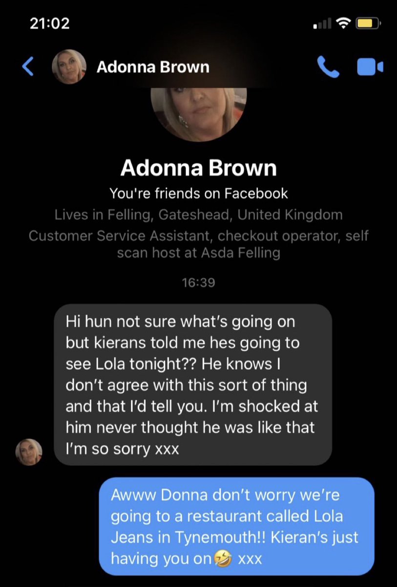 Told my mam I was going to Lola Jeans last night and she decided to message Megan this😭 Snitches get stitches Donna