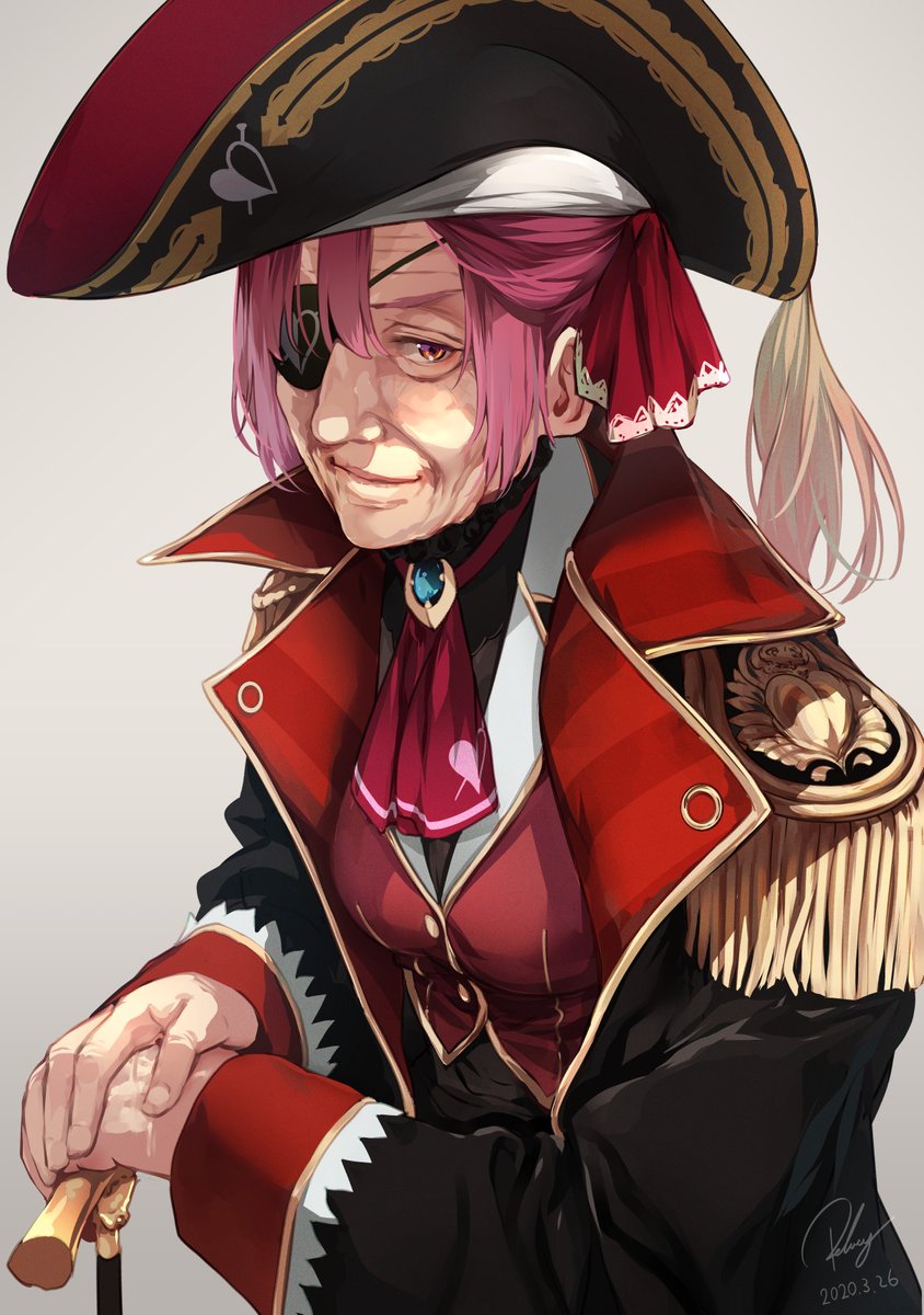 houshou marine old woman old solo hat cane eyepatch 1girl  illustration images