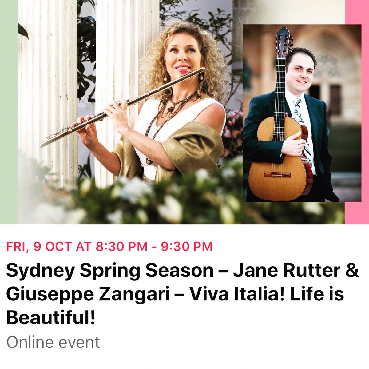 VIVA ITALIA! LIFE IS BEAUTIFUL! Join us 8:30 pm AEDT Fri Oct 9 for some 🎶 fun in the comfort of your own home with FEEL-GOOD Italian Music!
@JaneRutter & Giuseppe Zangari 
#onlineconcert #fluteandguitar #italianmusic @NAS_AU #melbournedigitalconcerthall
melbournedigitalconcerthall.com/sydney-spring-…
