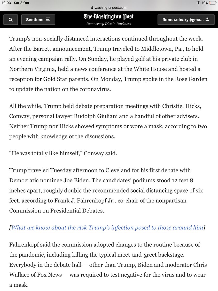 So Trump knew before Bedminster that he had been in close contact with TWO people who had tested positive. But went ahead anyway AFTER the Barrett announcement he travelled to Middletown to hold a campaign rally.Sunday - golf.News conference at the WH