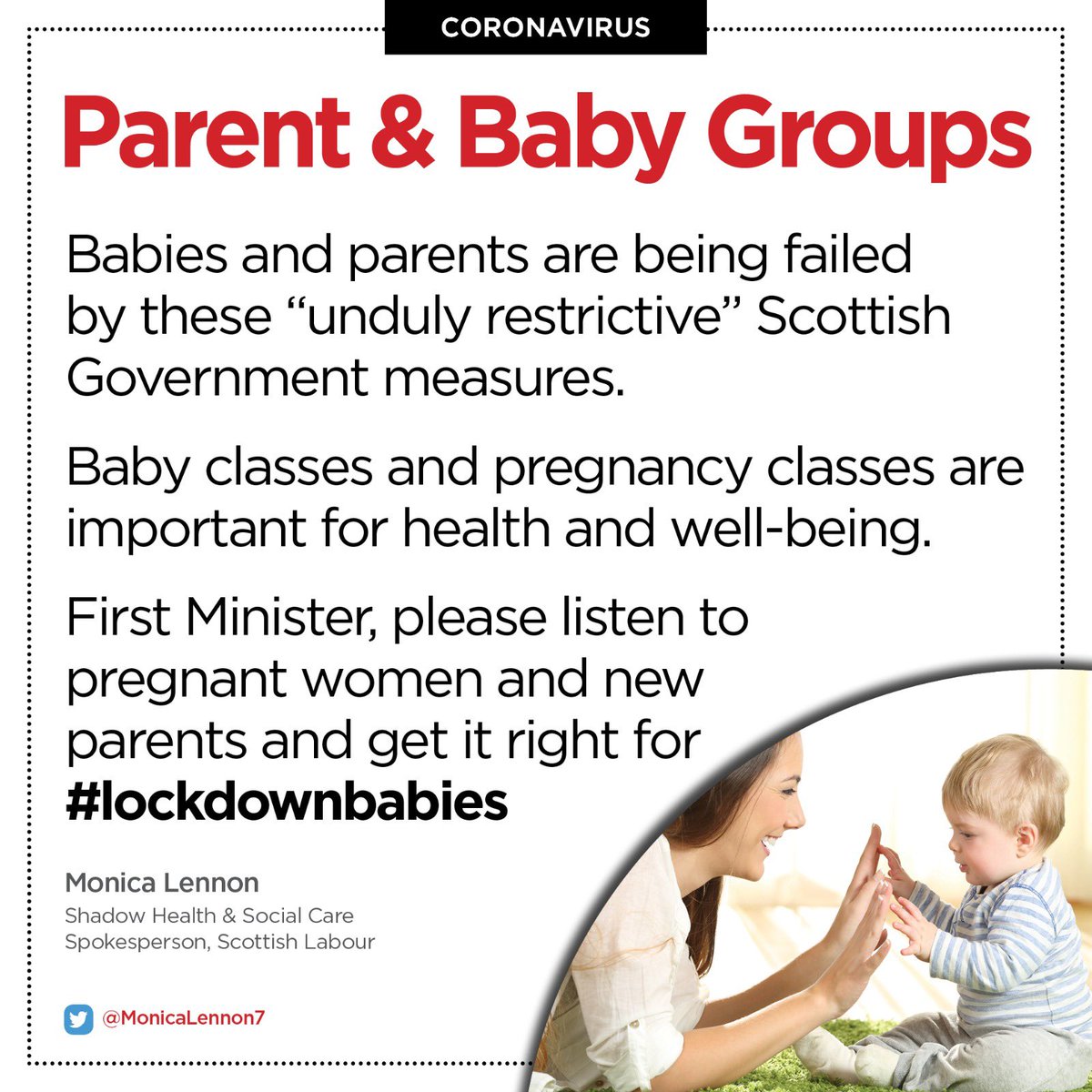 Monica Lennon MSP (@monicalennon7) on Twitter photo Pregnancy, childbirth and raising babies during the pandemic have been extremely challenging experiences. Baby and parent classes are being clamped down on by the <a href="/scotgov/">Scottish Government</a>. Please sign the petition and join the Facebook group to help save these classes.
change.org/p/msp-s-increa… Pregnancy, childbirth and raising babies during the pandemic have been extremely challenging experiences. Baby and parent classes are being clamped down on by the <a href="/scotgov/">Scottish Government</a>. Please sign the petition and join the Facebook group to help save these classes.
change.org/p/msp-s-increa…