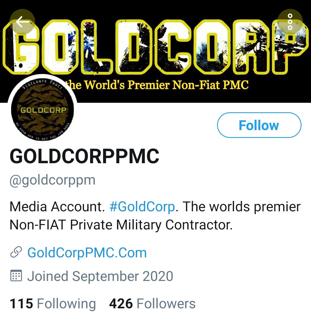 Wannabe soldier and self-described Proud Boy  @RoFonDetum, who invites us to call him a White supremacist, says he is "drooling" over the idea of working for Gold Corp, which calls itself a Private Military Contractor.