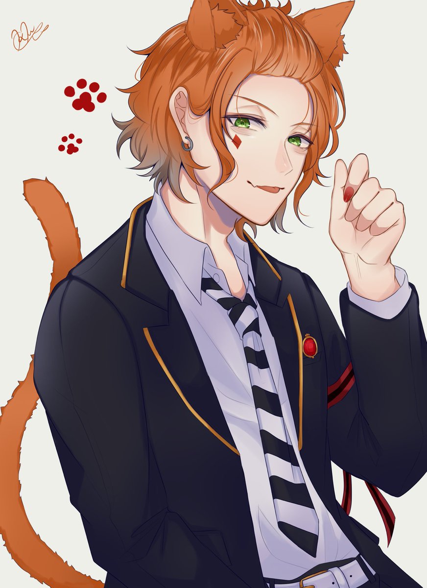 1boy male focus necktie animal ears green eyes solo cat tail  illustration images