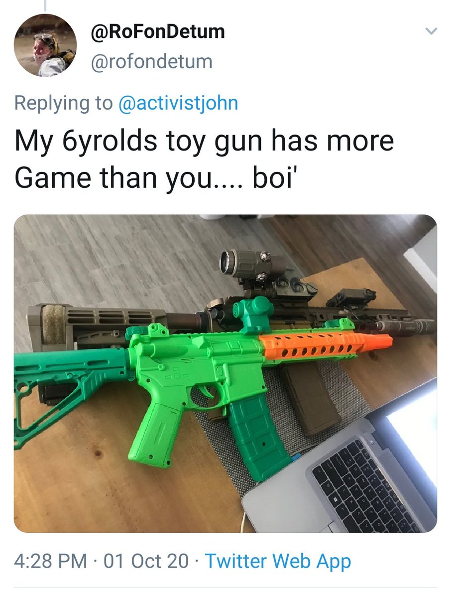 A lot of guys teach their kids that guns are not toys. Self-described Proud Boy and keyboard warrior  @RoFonDetum has his own parenting style. Does this pass muster with his wife? Or  @GoldCorpPMC?