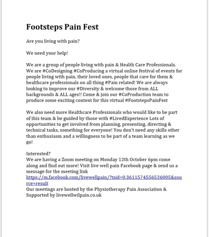 Fizzbw's tweet image. #FootstepsPainFest Here’s the Call to Action for more participants and contributors for this exciting #CoProduction #CoDesigned Festival for everything to do with Persistent Pain and Pain self management. Please share as widely as possible. Alt text added on this. @loulouscorpio