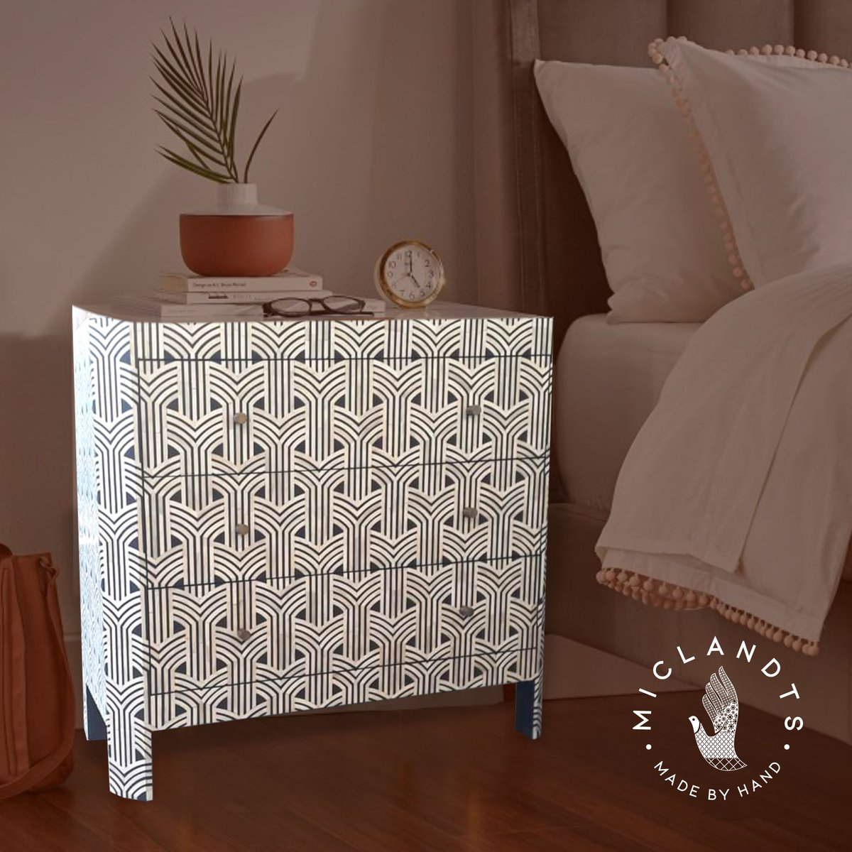 This is a chest of drawer made in geometric design Made of bone inlay work &amp; takes 15 days to be prepared, You can decorate it in your bedroom &amp; livingroom, it will attract your guests. 
you like it you can order it.
#inlay #handcrafted #inlayfurniture 
#boneinlaychestofdrawers