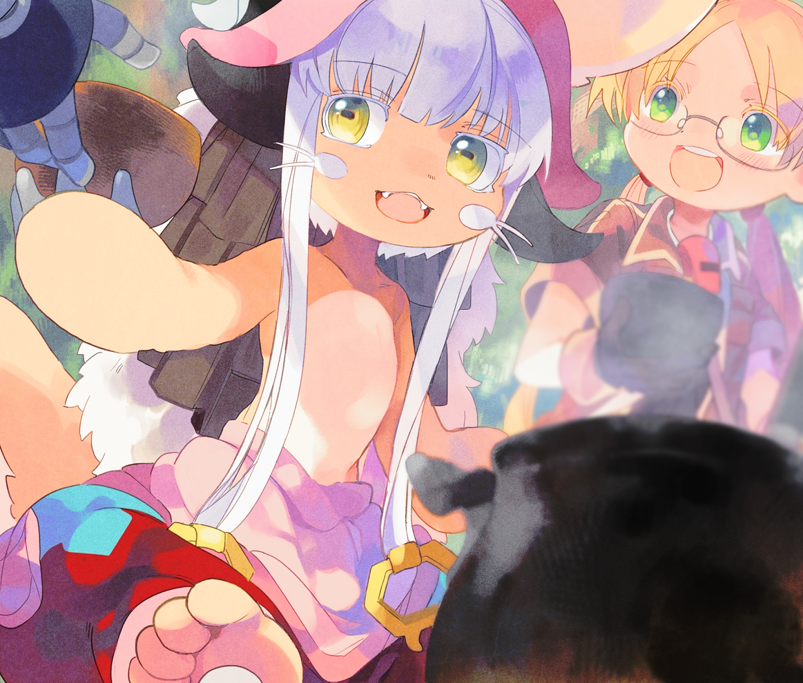 nanachi (made in abyss) furry 1other glasses open mouth green eyes blonde hair whiskers  illustration images