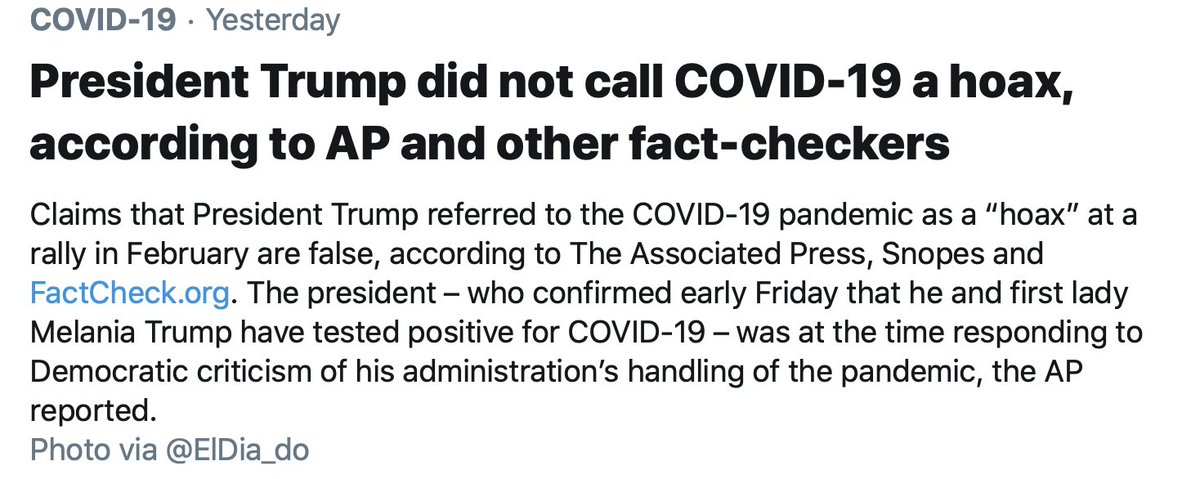 Dear Media: do not attempt to "both sides" the issue of COVID disinformation and gaslight us. Trump lied about the pandemic. And called the *demand for a response* a hoax. DON'T YOU DARE DOWNPLAY THIS.