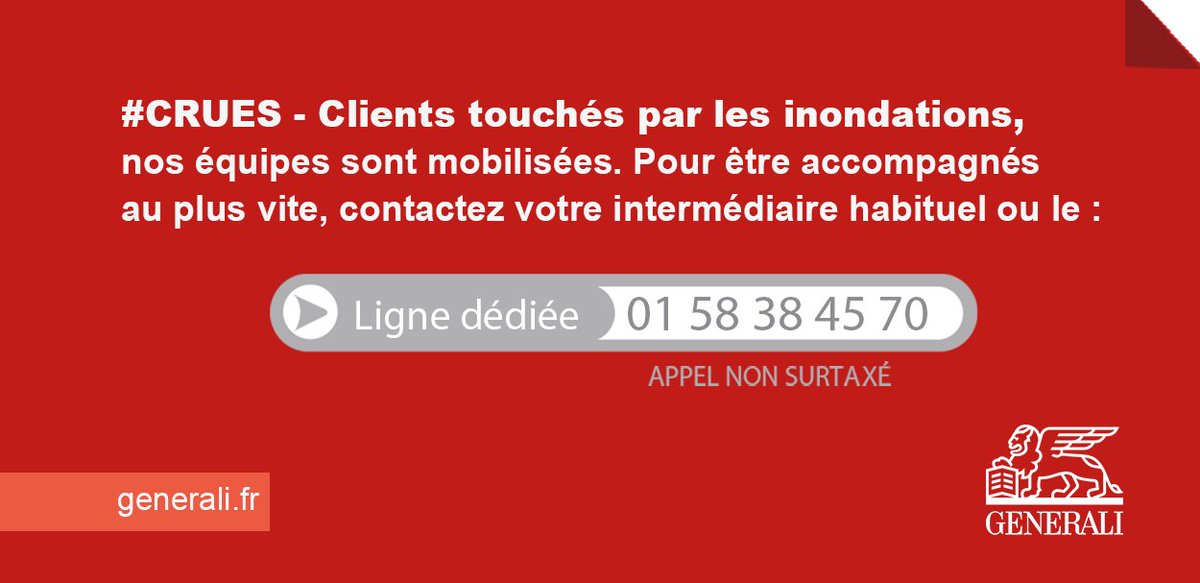 #inondations Face aux violentes #crues survenues dans les #AlpesMaritimes, les équipes @GeneraliFrance sont mobilisées afin d’agir vite auprès de chaque #client touché. Toutes nos pensées aux habitants des villes frappées : numéro d’appel actif dès lundi matin pour les #sinistrés