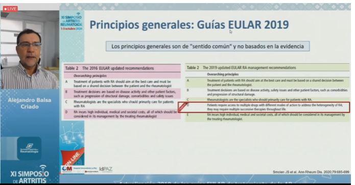 SEReumatologia's tweet photo. #SimposioAR20 Un cambio en las últimas recomendaciones. "Si el objetivo terapéutico no se consigue con el primer FAMEcs y hay presencia de factores de mal pronóstico, se debe añadir un FAME biológico o un FAMEs dirigido", según el Dr. Balsa https://t.co/XKyl4W7bYh