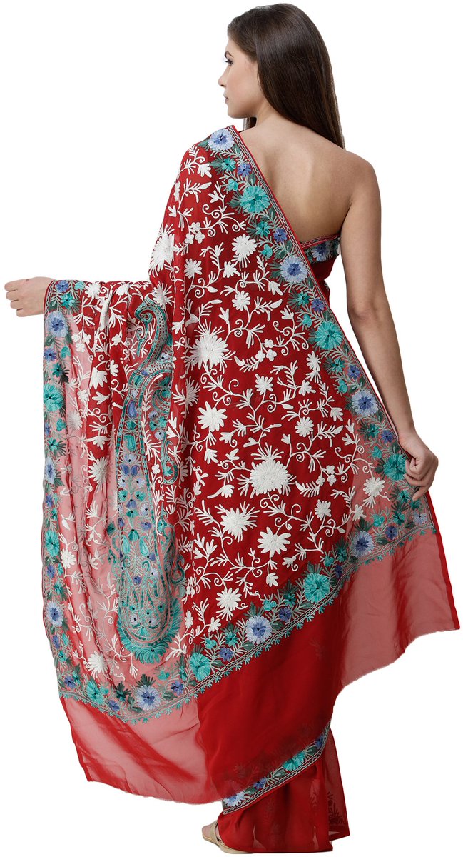 Ribbon-Red Sari from Kashmir with Ari-Embroidered Multicolor Flowers