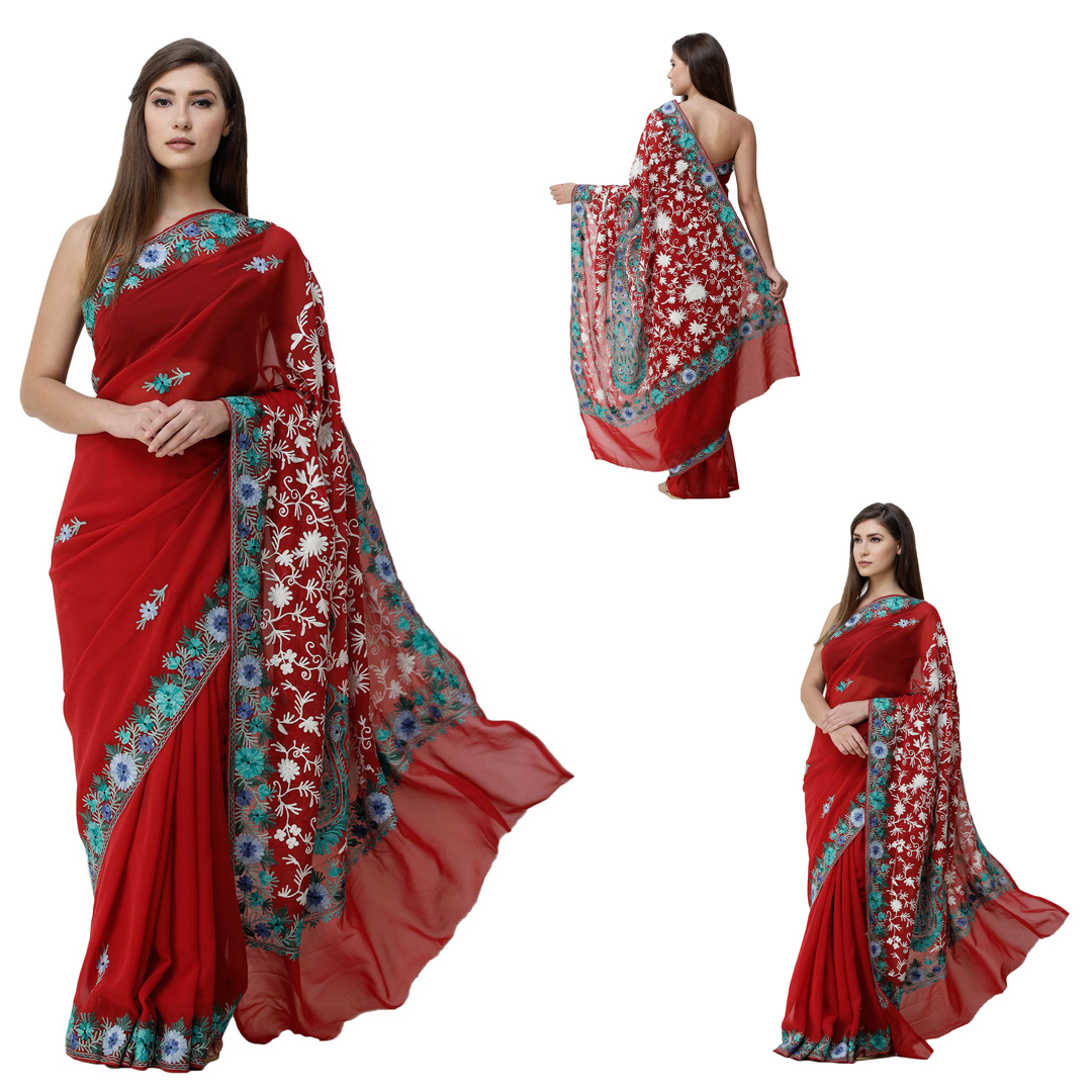 Ribbon-Red Sari from Kashmir with Ari-Embroidered Multicolor Flowers
