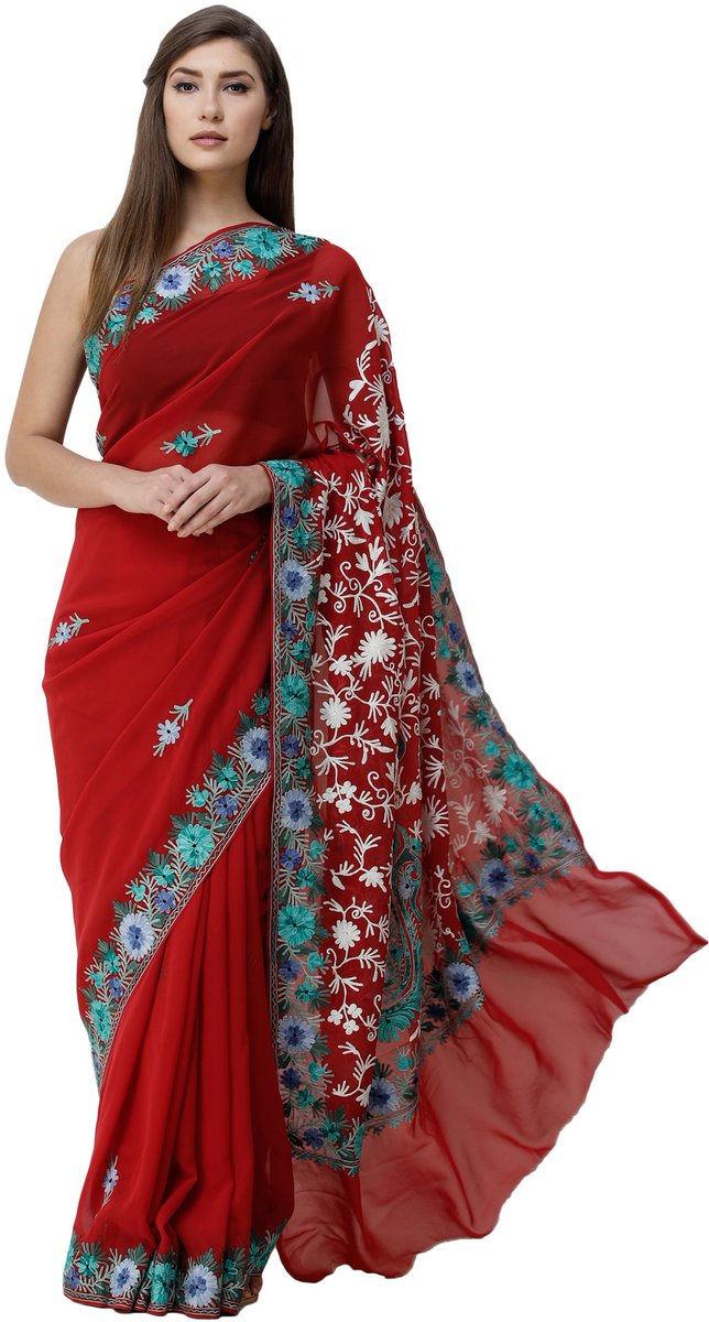Ribbon-Red Sari from Kashmir with Ari-Embroidered Multicolor Flowers