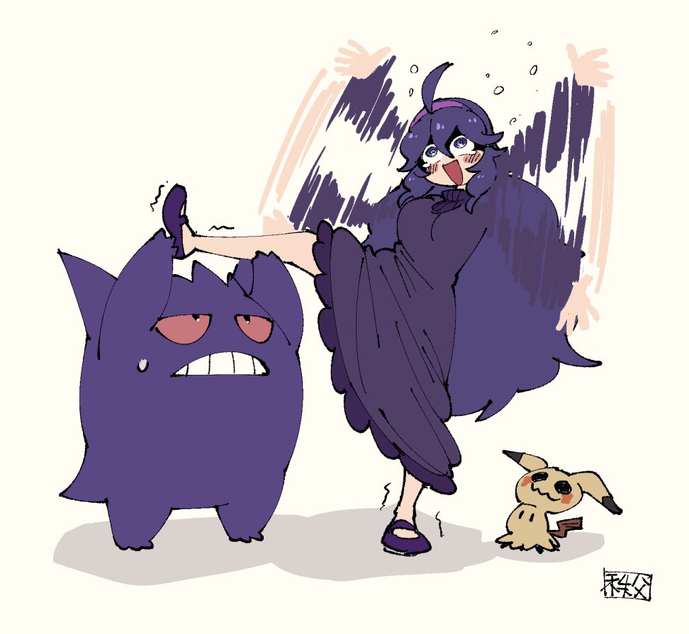 gengar ,hex maniac (pokemon) ,mimikyu pokemon (creature) 1girl ahoge @ @ dress long hair purple hairband  illustration images