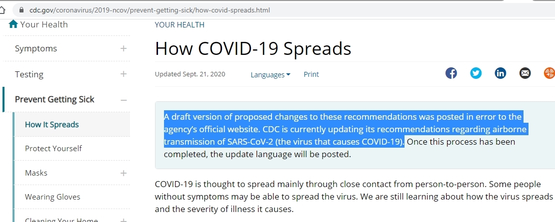 Image de la page du CDC sur la transmission  #COVID__19 qui mentionne le "brouillon posté par erreur". Le reste dit: " #COVID19 est supposé être transmis par contact de personne à personne. Nous apprenons encore comment le virus se transmet et la sévérité de la maladie qu'il cause.