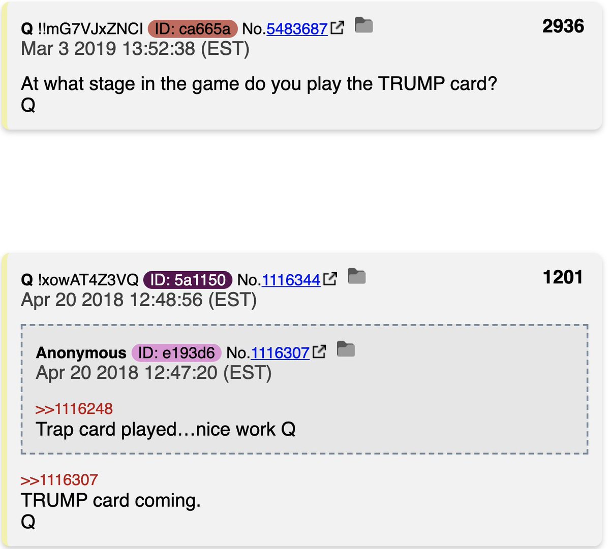 2936 - “At what stage of the game do you play the TRUMP card?”When required at the end ...No fear Patriots. #POTUS is in control.All going exactly to PlanEnjoy.