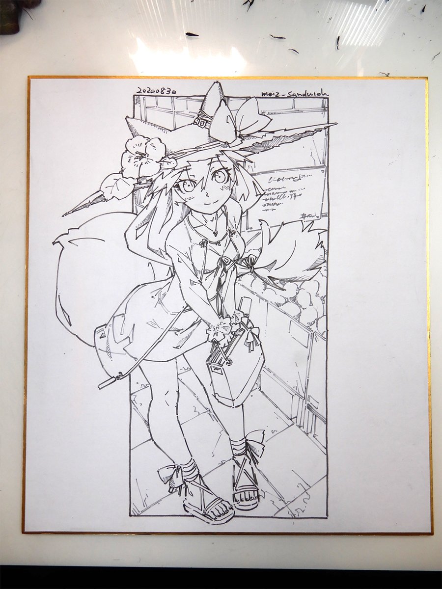 線画。俯瞰、肌の露出多め、夏らしい雰囲気と、ぼくには珍しいタイプの絵かも。 