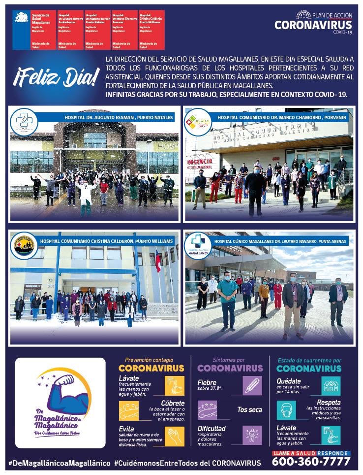En el #DíaDelHospital saludamos agradecemos y reconocemos el invaluable trabajo funcionarios/as 🏥 🇨🇱 brindando atenciones de salud especialmente en contexto #COVID_19 Mención destacada para nuestros funcionarios/as #PuntaArenas #PuertoNatales #Porvenir #PuertoWilliams #Gracias