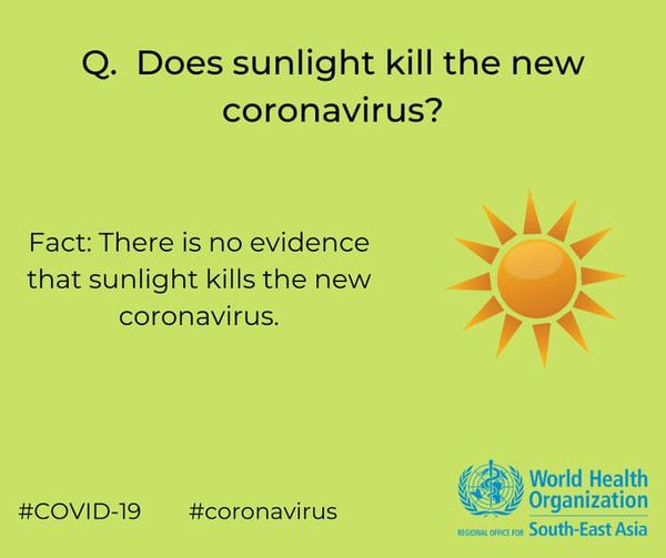 COVIDNewsByMIB's tweet photo. #CoronaFact:
📍Does sunlight kill the new #CoronaVirus❓❓❓
➡️No, sunlight🌞does not kill the #coronavirus
↗️ To protect yourself from #COVID19, wash your hands with soap🧼, wear a mask😷and keep distance from others
#IndiaFightsCorona #StaySafe #IndiaWillWin
Via @WHOSEARO https://t.co/k9TtuZxVHS