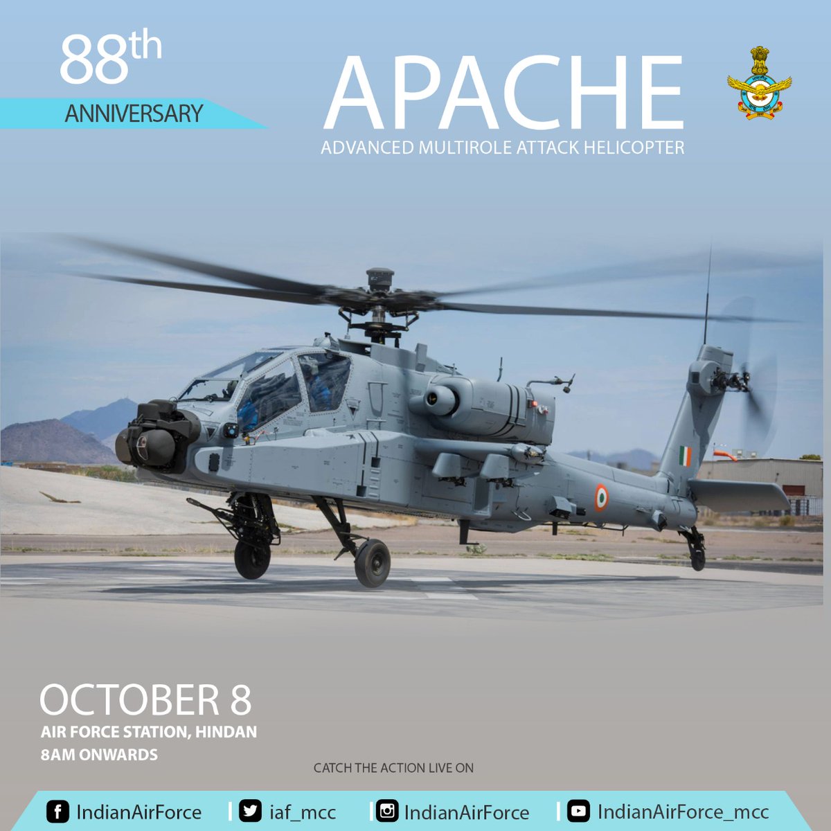 #AFDay2020: AH-64E Apache - The Apache is a twin-turbo shaft attack helicopter with a tandem cockpit for two crew & a tail wheel-type landing gear arrangement.
#KnowTheIAF
#IndianAirForce