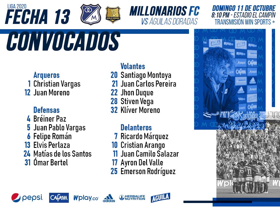 MillosFCoficial's tweet photo. ¡Mañana todos con la azul puesta! 💙⚽️Ⓜ️ Ellos son los 18 jugadores convocados por el profesor Alberto Gamero para el juego frente a Águilas Doradas en El Campín. 🔵⚪️ ¡VAMOS MILLONARIOS! https://t.co/J5jnpwZ2u9