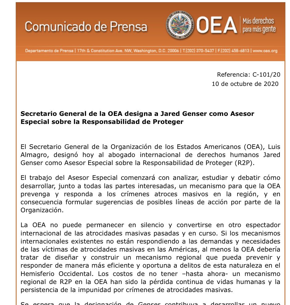 Almagro_OEA2015's tweet photo. Secretario General de la OEA designa a Jared Genser como Asesor Especial sobre la Responsabilidad de Proteger https://t.co/bBLYz8bDnl