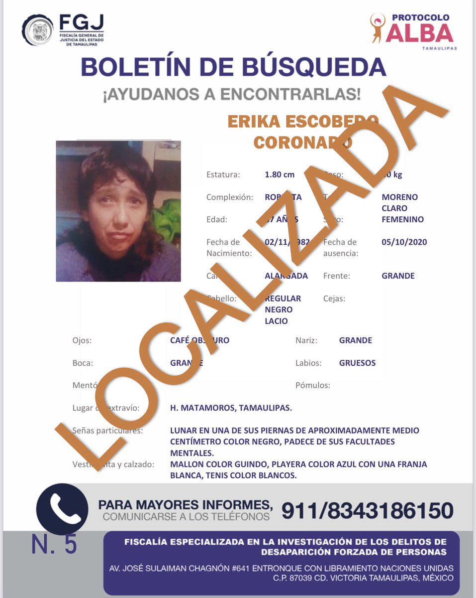 Agradecemos a todas las instituciones y personas que brindaron su apoyo para la localización Erika Escobedo Coronado