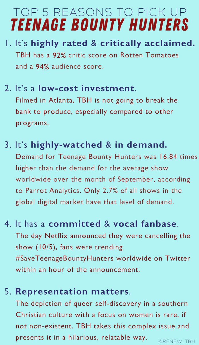 Hi  @Netflix. We know you made the decision to cancel Teenage Bounty Hunters, but we want to ask you to reconsider. This show is critically acclaimed, has a dedicated fanbase, and has meaningful representation for sorely underrepresented communities. Please RESCUE TBH!